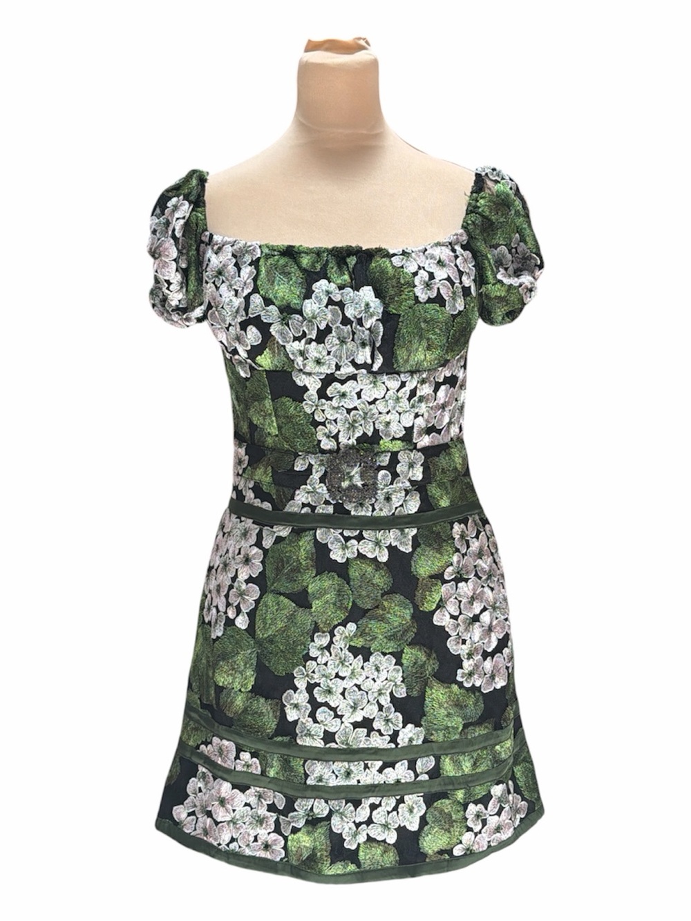 Themis Floral Puff-Sleeve Fully Embroidered Mini Dress in Green